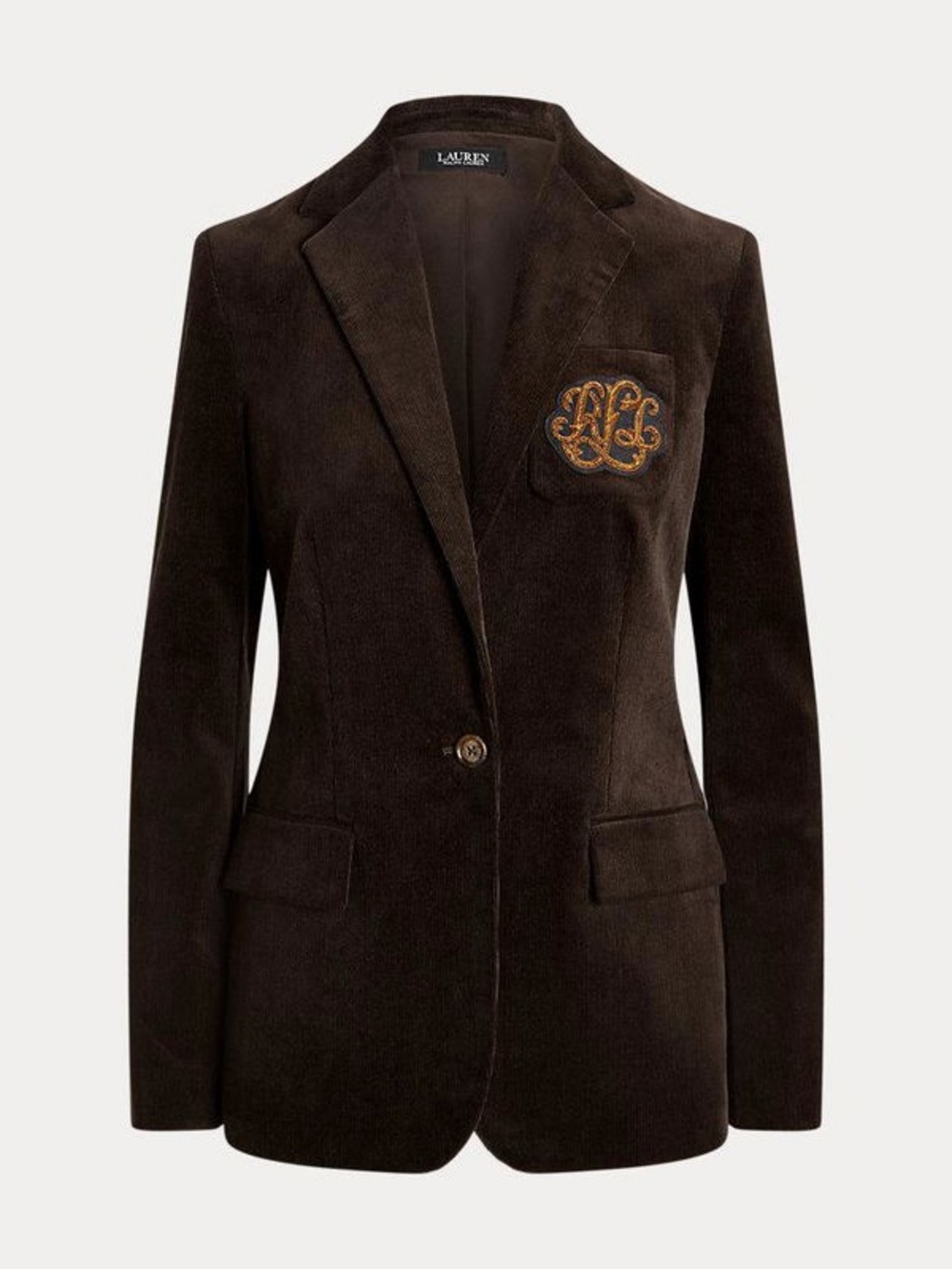 Lauren Ralph Lauren Dark Brown Velvet Blazer with Gold Embroidered Crest - Picture 4 of 4